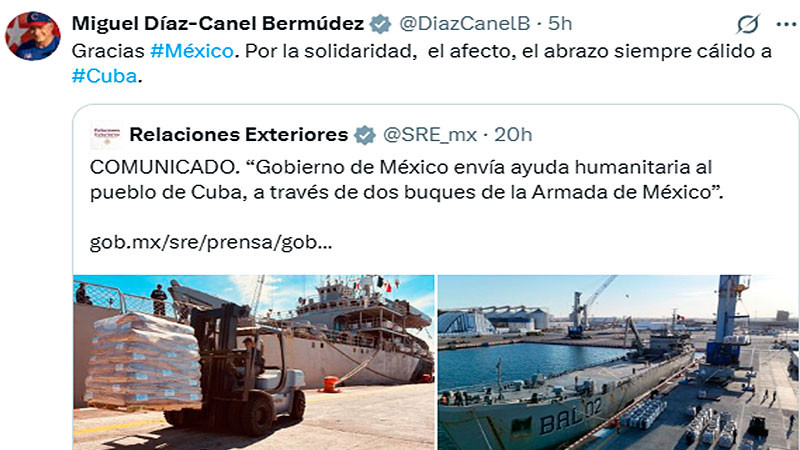 El presidente cubano agradece la asistencia humanitaria del gobierno mexicano.